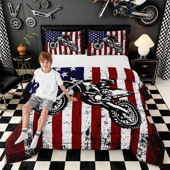 Meiyoeat Patriotic Dirt Bike Full Size Comforter Sets 3-Piece for Men, USA Flag Print Bedding Comforter Set, Red White Blue,Black Reversible
