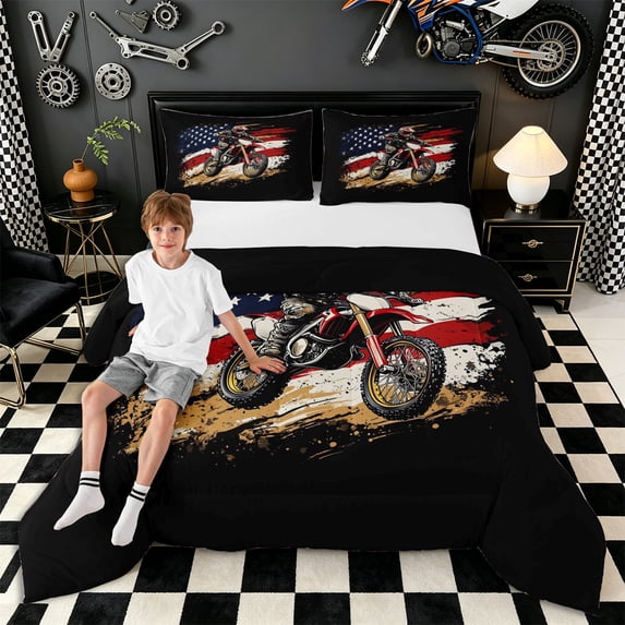 Meiyoeat Patriotic Dirt Bike King Size Comforter Sets 3Pcs,USA Flag Print Comforters King Size,Red Black,1 Comforter and 2 Pillowcases