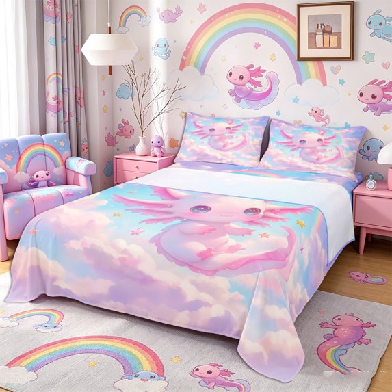 Meiyoeat Pink Cartoon Axolotl King Sheets 4Pcs,Dreamy Star Cloud Pattern Bedding,1 Flat Sheet,1 Fitted Sheet and 2 Pillowcases