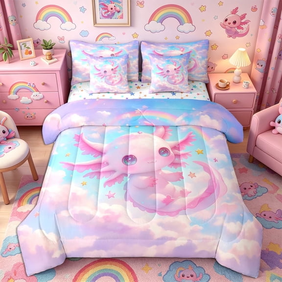 Meiyoeat Pink Cartoon Axolotl Twin Bedding 7-Piece, Dreamy Star Cloud Pattern Bedding Comforter Set