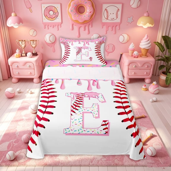 Meiyoeat Pink Donut Sport Baseball Twin Sheet Sets for Girls Kids, E Letter Ice Cream Drip Bedding, Pink, 3pcs