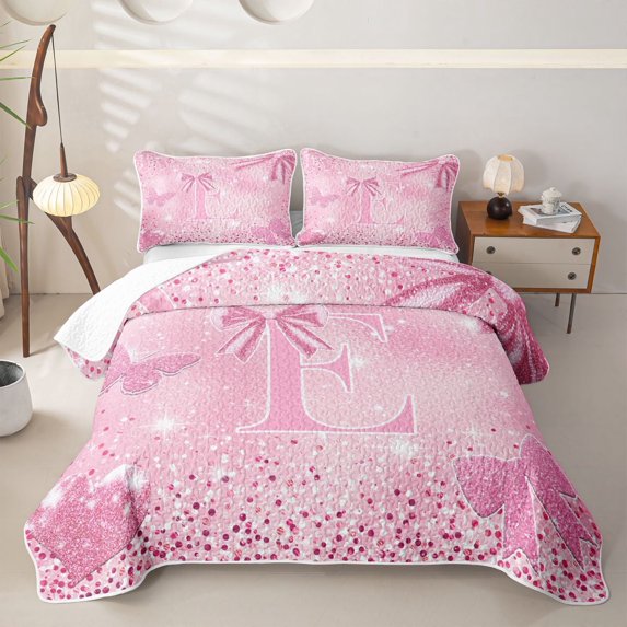 Meiyoeat Pink Glitter Initial E Twin Quilt Set,Flying Butterfly Twin Coverlet Set