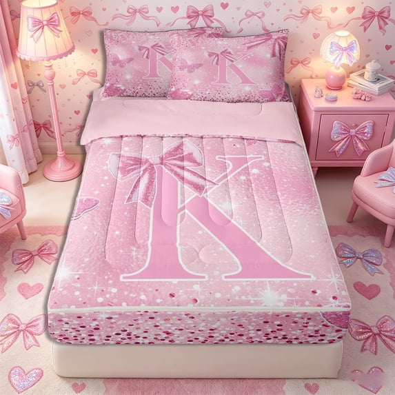 Meiyoeat Pink Glitter Initial K Zipper Twin Comforter Sets with Fitted Sheet and 2 Pillowcases, Flying Butterfly Zipper Bedding Set,4-Piece,Pink Reversible