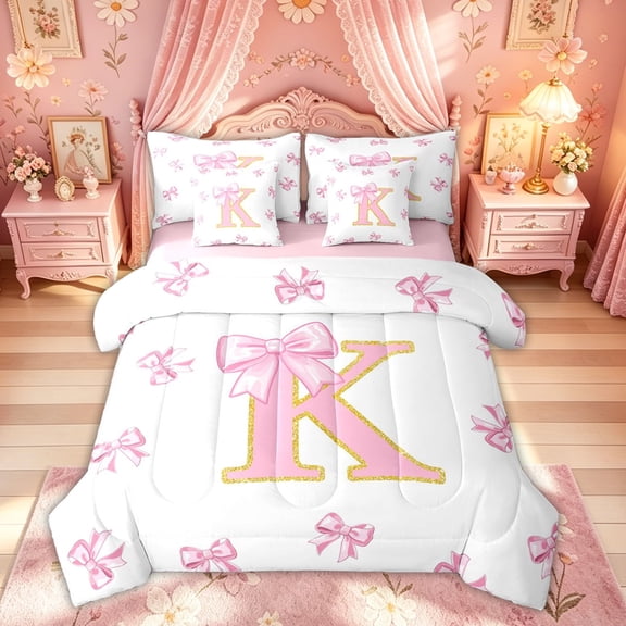 Meiyoeat Pink Gold Glitter Print Bow K Letter Twin Bedding Sets for Women Girls, Girly Cartoon Alphabet Bedding Comforter Set, Pink Reversible, 7pcs