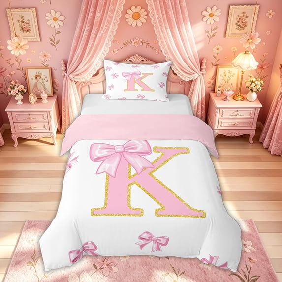Meiyoeat Pink Gold Glitter Print Bow K Letter Twin Bedding for Women Girls, Girly Cartoon Alphabet Duvet Cover Set, Pink Reversible, 1 Duvet Cover and 1 Pillowcase (No Comforter)