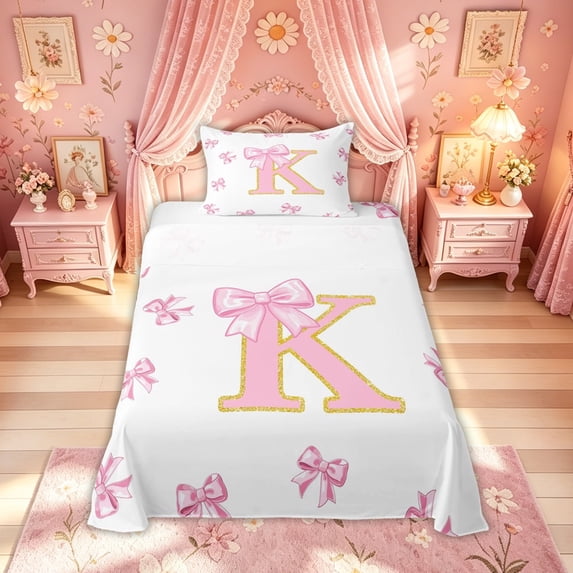 Meiyoeat Pink Gold Glitter Print Bow K Letter Twin Sheet Sets for Women Girls, Girly Cartoon Alphabet Bedding, 3pcs