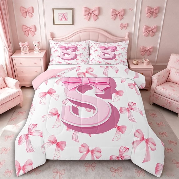 Meiyoeat Pink Letter S Full Size Comforter Sets 3 Pieces for Teens Girls, Cute Ribbon Bow Bedding Sets for Bedroom, Pink White,Pink Reversible
