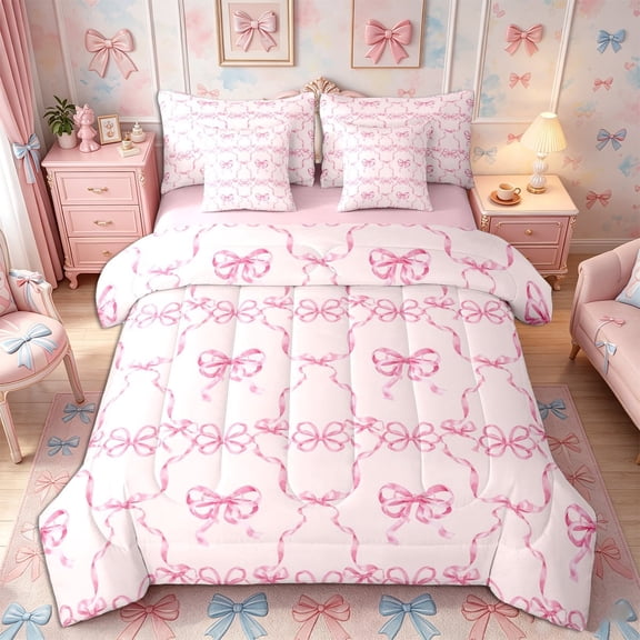 Meiyoeat Pink Ribbon Bow Print Full Size Bedding Sets 7 Pieces, Dreamy Princess Full Size Bed in a Bag,Pink Reversible