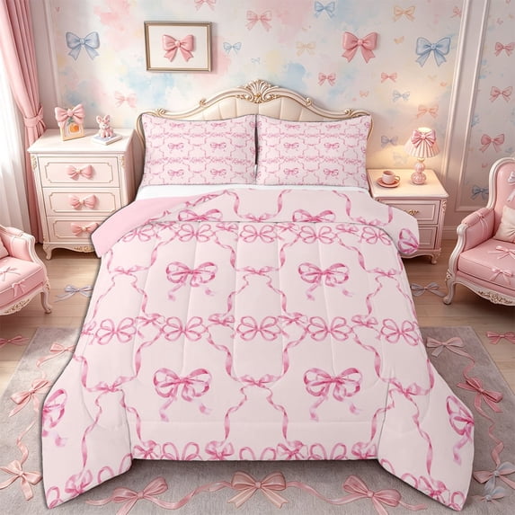 Meiyoeat Pink Ribbon Bow Print Full Size Comforter Sets 3-Piece, Dreamy Princess Bedding Comforter Set,Pink Reversible
