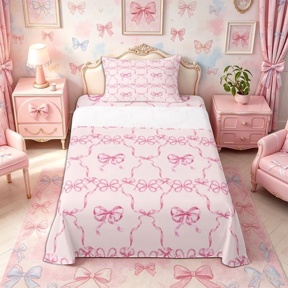 Meiyoeat Pink Ribbon Bow Print Twin Sheets 3pcs, Dreamy Princess Bedding