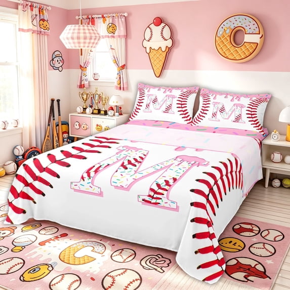 Meiyoeat Pink Sport Sprinkle Baseball Full Size Sheets for Boys Girls, Donut Ice Cream Initial M Bed Sheets, 4 Pieces