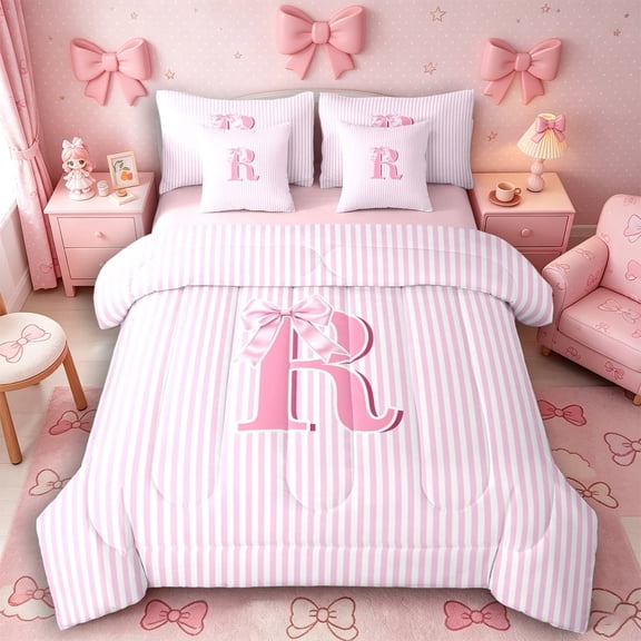 Meiyoeat Pretty Bow Letter R Bedding Comforter Set 7 Pieces for Girls Juniors, Delicate Stripe Full Bedding Set for Bedroom, Light Pink White,Pink Reversible