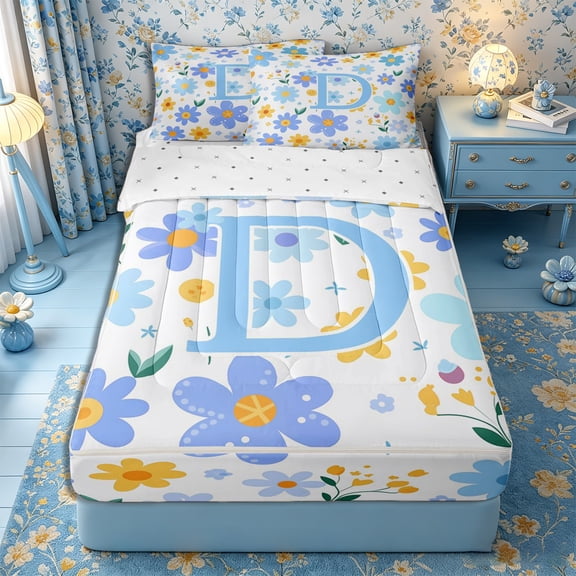 Meiyoeat Pretty Floral Letter D Zipper Full Size Comforter Sets with Fitted Sheet and 2 Pillowcases for Girls Juniors, Charming Print Zipper Bedding Set, Light Blue Yellow White,4pcs