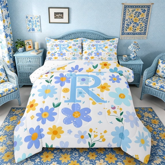 Meiyoeat Pretty Floral Letter R Full Size Comforter Sets 3 Pieces for Girls Juniors, Charming Print Bedding Sets, Light Blue Yellow White