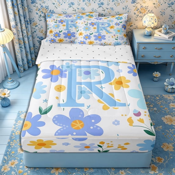 Meiyoeat Pretty Floral Letter R Zipper Twin Comforter Sets with Fitted Sheet and 2 Pillowcases for Girls Juniors, Charming Print Zipper Bedding Set, Light Blue Yellow White,4-Piece