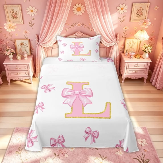 Meiyoeat Princess Bow Letter L Twin Sheet Sets for Women Girls, Blush Pink Fashion Bedding, 3-Piece
