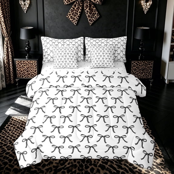 Meiyoeat Princess Ribbon Bow Twin Bedding Sets for Boys Girls, Black White Cartoon Bedding Comforter Set, Reversible, 7-Piece
