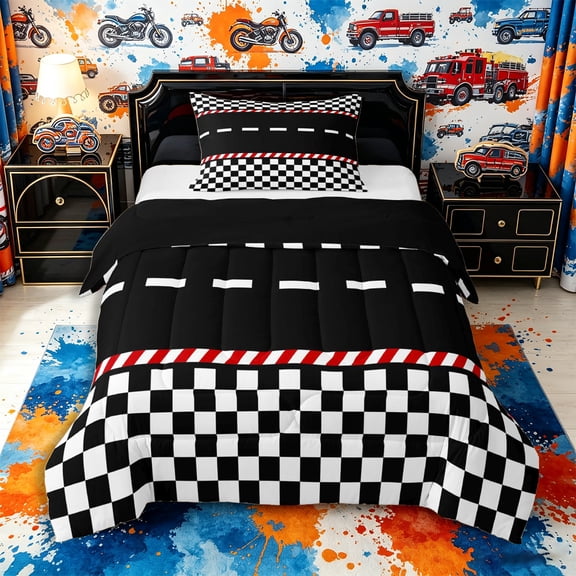 Meiyoeat Race Track Pattern Twin Comforter Sets 2pcs for Boys,Checkered Flag Art Bedding Set,Black Reversible,1 Comforter and 1 Pillowcase,1 Comforter and 1 Pillowcase