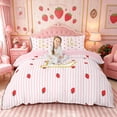 thumbnail image 1 of Meiyoeat Red Strawberry Kawaii Letter L Bedding, Cartoon Fruit Stripes Print Duvet Cover Full for Bedroom,Pink Reversible,3pcs,No Comforter, 1 of 6