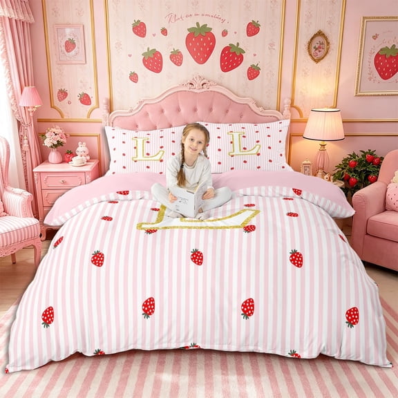Meiyoeat Red Strawberry Kawaii Letter L Bedding, Cartoon Fruit Stripes Print Duvet Cover Full for Bedroom,Pink Reversible,3pcs,No Comforter
