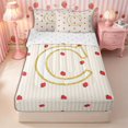 thumbnail image 1 of Meiyoeat Red Strawberry Letter C Zipper Twin Comforter Sets with Fitted Sheet and 2 Pillowcases for teens, Kawaii Fruit Stripe Print Zipper Bedding Set, Gold Red,4-Piece, 1 of 6