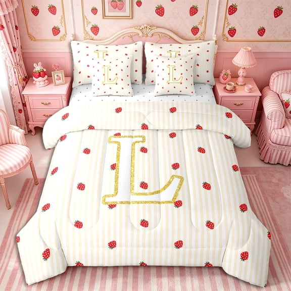 Meiyoeat Red Strawberry Letter L Full Size Bedding Sets 7 Pieces for teens, Kawaii Fruit Stripe Print Full Size Bed in a Bag, Gold Red