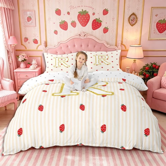 Meiyoeat Red Strawberry Letter R Bedding for teens, Kawaii Fruit Stripe Print Duvet Cover Full, Gold Red,3pcs,No Comforter