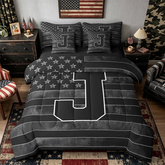Meiyoeat Retro American Flag Letter J Bedding Comforter Set 7pcs for Men Toddlers, Classic Initial Queen Bedding Sets, Black Gray White,Black Reversible