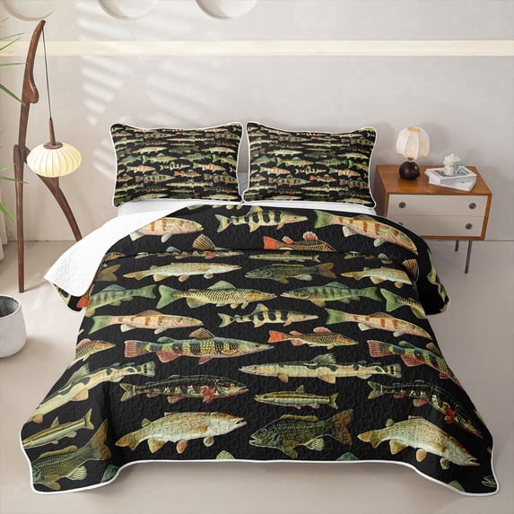 Meiyoeat Retro Fish Print Bed Spread Queen,Rustic Farmhouse Fishing Theme Queen Coverlet Set