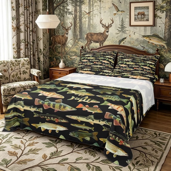 Meiyoeat Retro Fish Print King Sheets 4pcs, Rustic Farmhouse Fishing Theme Bedding