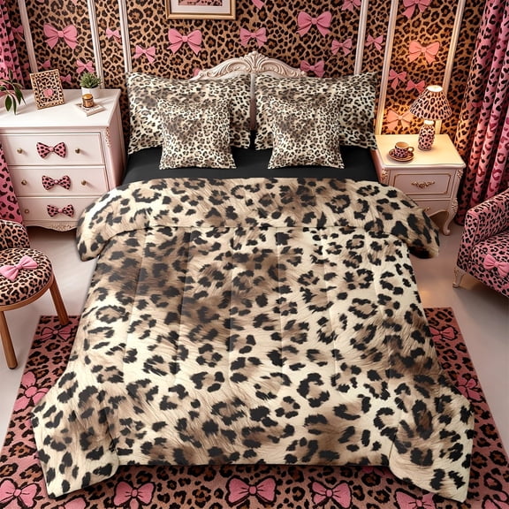 Meiyoeat Retro Leopard Print Queen Bedding 7pcs, Furry Animal Pattern Bedding Comforter Set Queen, Beige Brown,Black Reversible