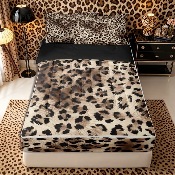 Meiyoeat Retro Leopard Print Zipper Full Size Comforter Sets with Fitted Sheet and 2 Pillowcases, Furry Animal Pattern Zipper Bedding Set, Beige Brown,4pcs,Black Reversible