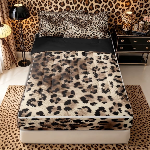 Meiyoeat Retro Leopard Print Zipper Twin Comforter Sets with Fitted Sheet and 2 Pillowcases, Furry Animal Pattern Zipper Bedding Set, Beige Brown,4-Piece,Black Reversible