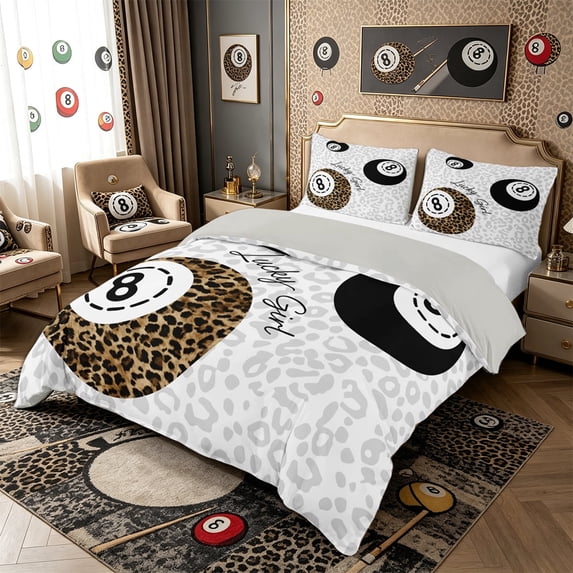 Meiyoeat Retro Lucky 8 Billiards Ball Pattern Duvet Cover Queen for Teens, Leopard Print Queen Bedding, Black White Brown,Grey Reversible,3-Piece,No Comforter