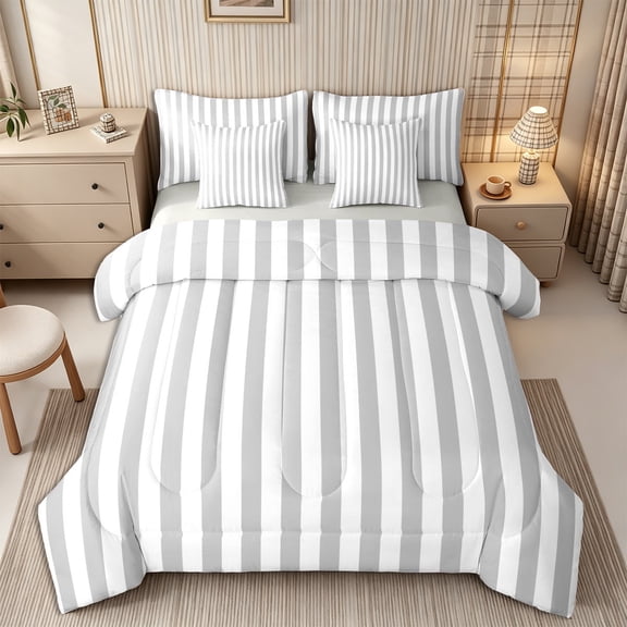 Meiyoeat Retro Pinstripe 7-Piece Twin Bedding, Modern Straight Line Bedding Comforter Set, Gray White,Grey Reversible