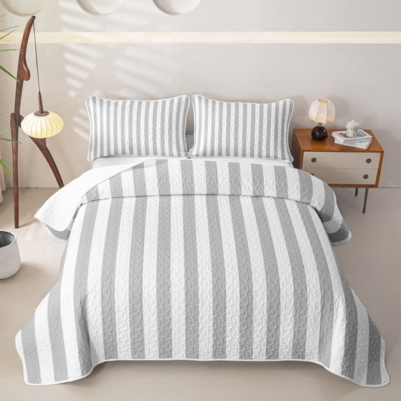 Meiyoeat Retro Pinstripe Bed Spread Queen, Modern Straight Line Queen Coverlet Set, Gray White