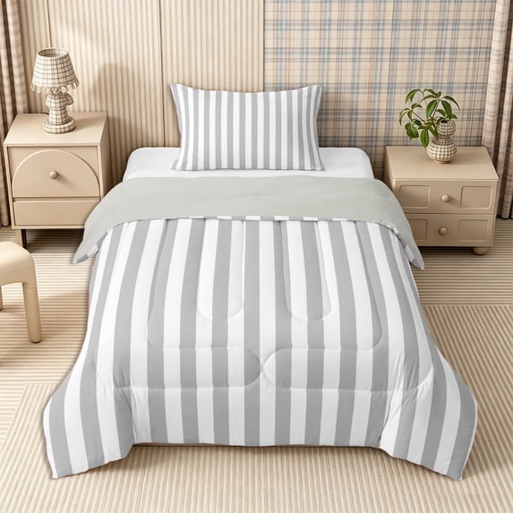 Meiyoeat Retro Pinstripe Twin Comforter Sets 2pcs, Modern Straight Line Bedding Set, Gray White,Grey Reversible,1 Comforter and 1 Pillowcase