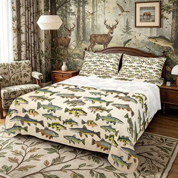 Meiyoeat Retro Rustic Fish Print Bed Sheets 4-Piece,Fishing Theme Wildlife Pattern Full Size Sheets,1 Flat Sheet,1 Fitted Sheet and 2 Pillowcases