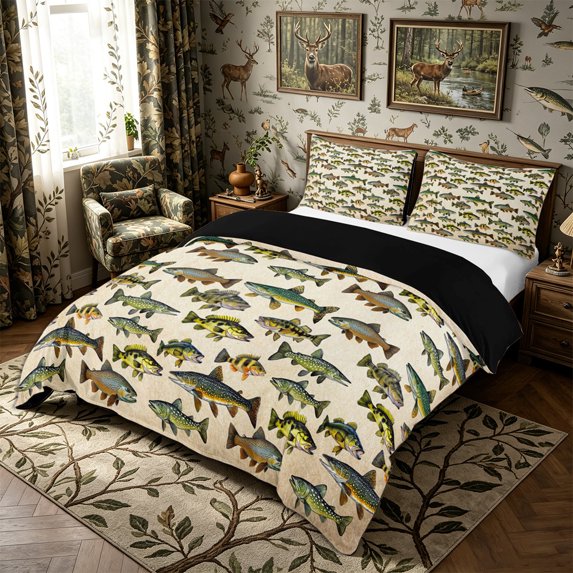 Meiyoeat Retro Rustic Fish Print Bedding,Fishing Theme Wildlife Pattern Duvet Cover Full,3Pcs,No Comforter