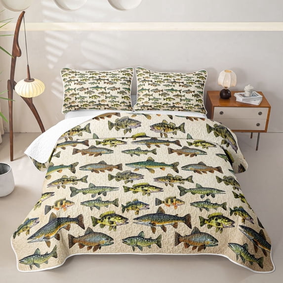 Meiyoeat Retro Rustic Fish Print Quilt King,Fishing Theme Wildlife Pattern King Coverlet Set