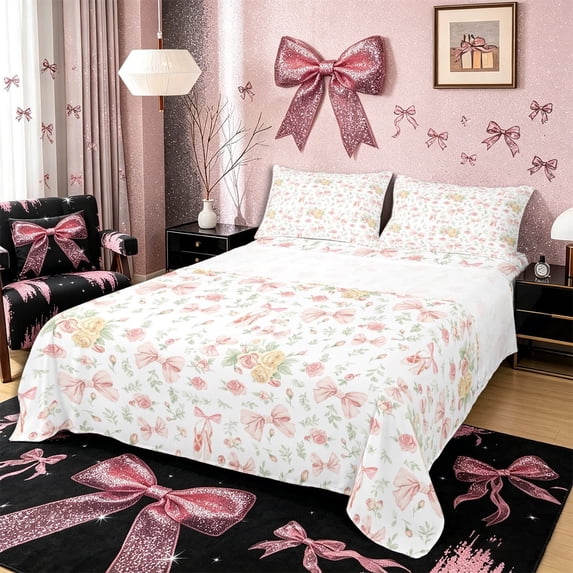 Meiyoeat Romantic Floral Roses Bed Sheets 4-Piece, Pink Ballet Bow Full Size Sheets, Pink Green White