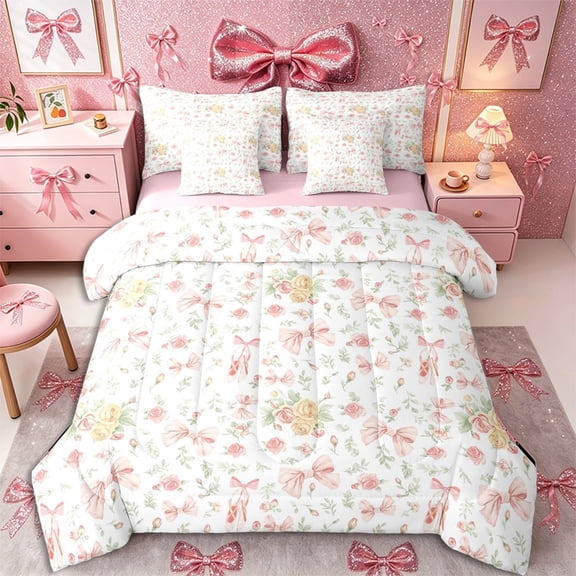 Meiyoeat Romantic Floral Roses Twin Bedding 7-Piece, Pink Ballet Bow Bedding Comforter Set, Pink Green White,Pink Reversible