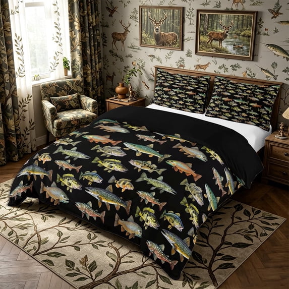 Meiyoeat Rustic Fish Print Duvet Cover Queen, Freshwater Animal Pattern Queen Bedding,3-Piece,No Comforter,Black Reversible