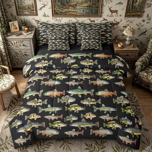 Meiyoeat Rustic Fish Print Queen Bedding 7pcs, Freshwater Animal Pattern Bedding Comforter Set Queen,Black Reversible
