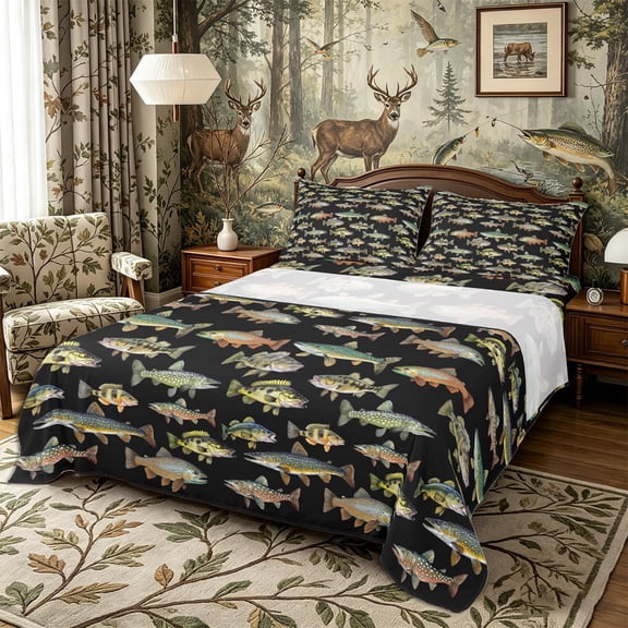 Meiyoeat Rustic Fish Print Queen Sheets 4 Pieces, Freshwater Animal Pattern Queen Sheet Sets