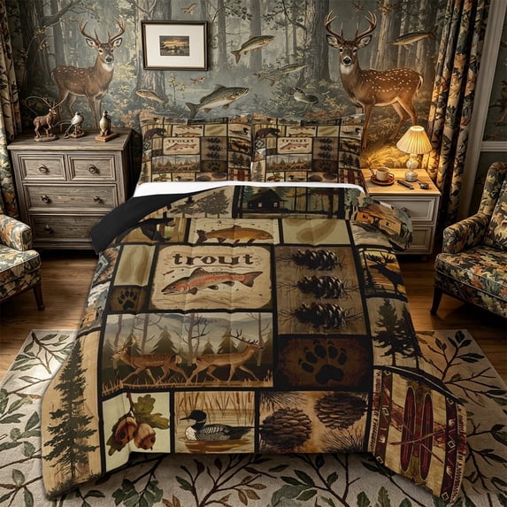 Meiyoeat Rustic Wildlife Mallard Duck Deer Fish King Size Comforter Sets 3pcs, Vintage Cabin Pattern Comforters King Size, Brown Black,Black Reversible
