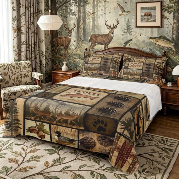 Meiyoeat Rustic Wildlife Mallard Duck Deer Fish Queen Sheets 4 Pieces, Vintage Cabin Pattern Queen Sheet Sets, Brown Black