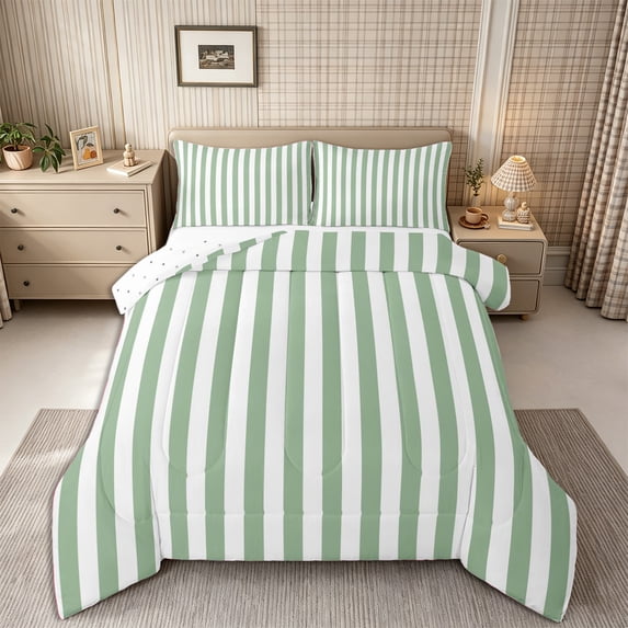 Meiyoeat Simple Vertical Stripe King Size Comforter Sets 3pcs, Classic Linear Pattern Comforters King Size, Sage Green,Reversible,1 Comforter and 2 Pillowcases