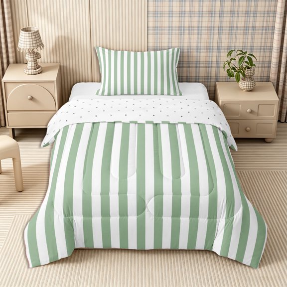 Meiyoeat Simple Vertical Stripe Twin Comforter Sets 2pcs, Classic Linear Pattern Bedding Set, Sage Green,Reversible,1 Comforter and 1 Pillowcase