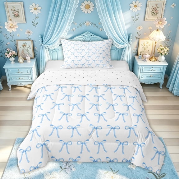 Meiyoeat Sky Blue Bow Twin Comforter Sets for Boys Girls, Cute Watercolor Cartoon Bedding Set, Reversible, 2 Pieces